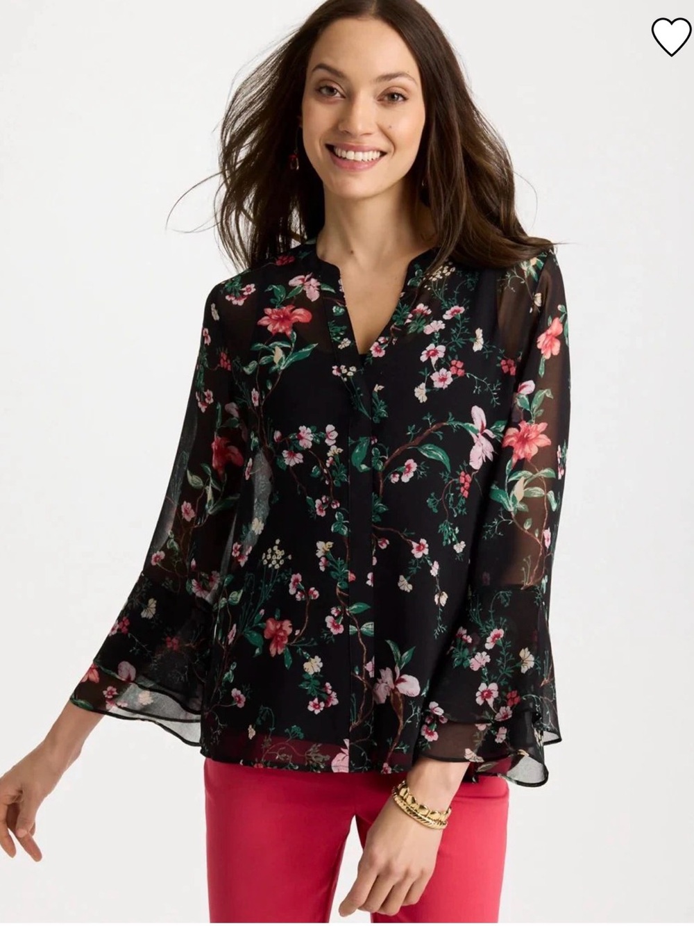 Chicos Georgette Ruffled Cuff Blouse Sheer Bell Sleeves Floral Sz 1 (8) Black